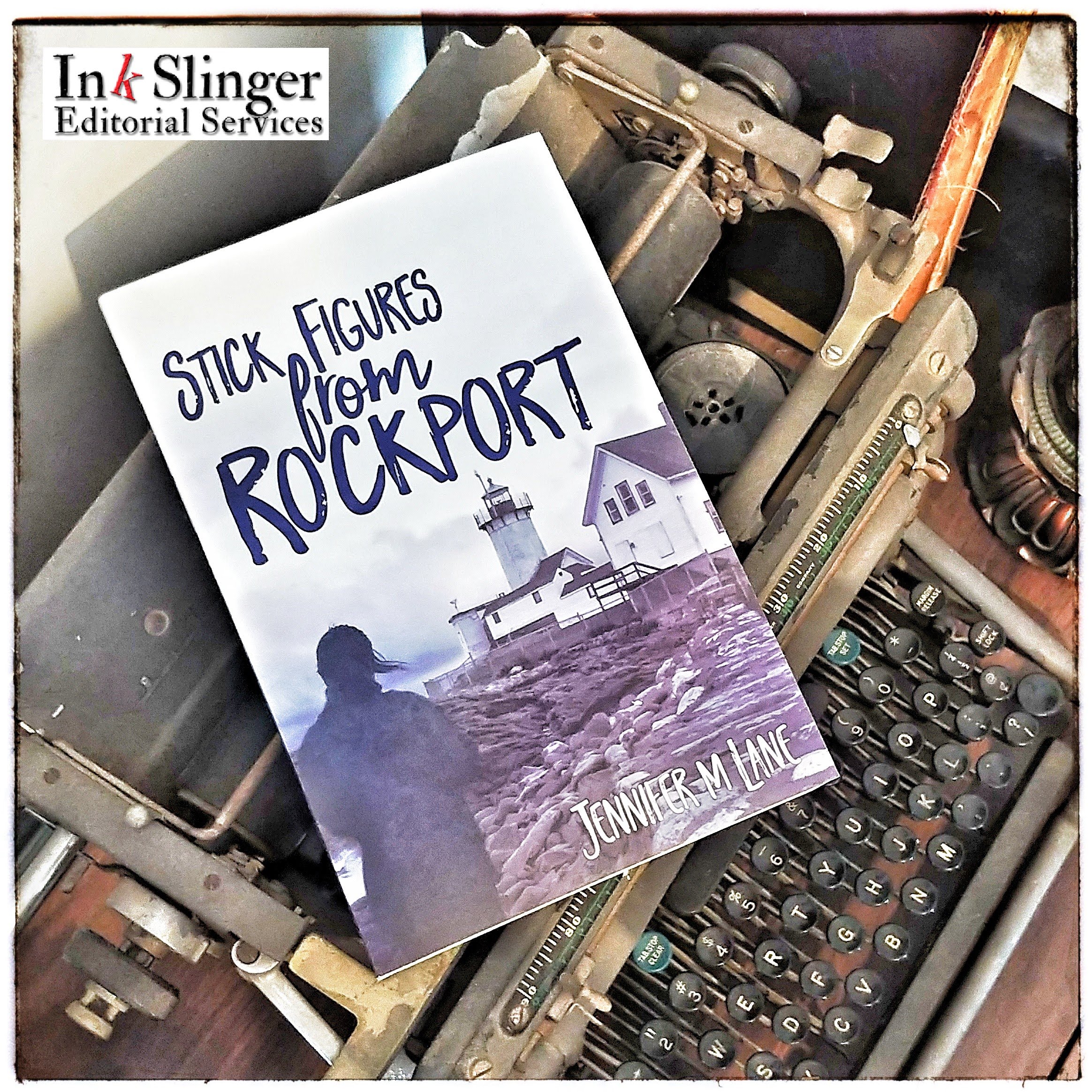 Stick Figures from Rockport book lying on an antique typewriter with Ink Slinger logo in the top left corner.
