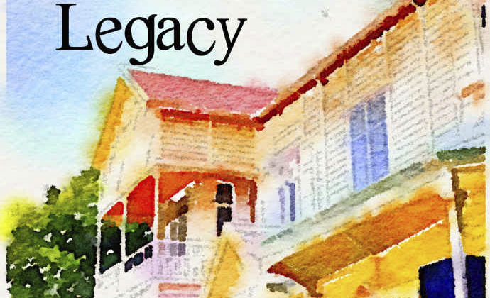 The Rivercliffe Legacy by Dee Ernst cover. A watercoler two story house with bushes.
