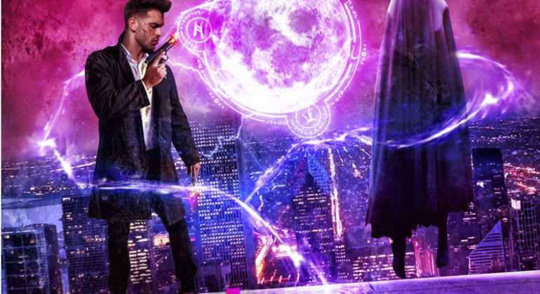 Spell Caster by Clara Coulson cover. A cityscape backdrop with a glowing orb and a man and woman in the foreground.