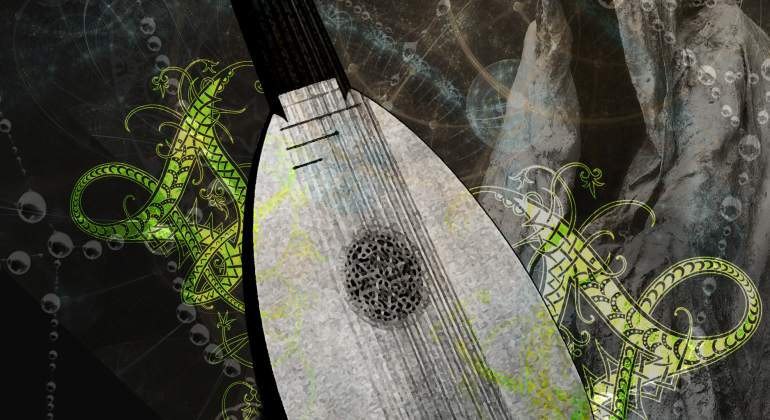 Cover of Sorrowfish: The Call of the Lorica Book 1 by Anne C. Miles. A lute with a mysterious cloaked figure in the background and blue flowers underneath.