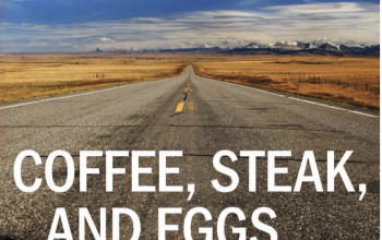 Coffee, Steak, and Eggs by Eric J. Smith cover. A cracked two-lane road and horizon.