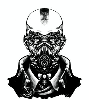 Black-and-white illustration of a bald nonbinary person with tattoos on their head and wearing goggles and a respirator mask