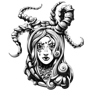 Black-and-white illustration of a woman with a painted face and 4 curly demon horns coming from her head.