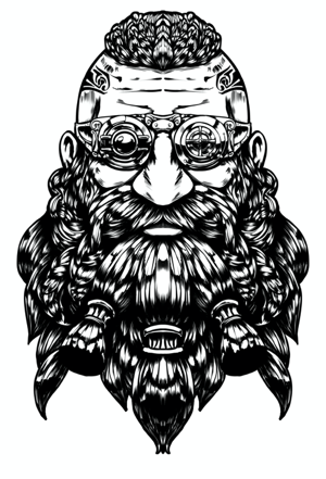 Black-and-white illustration of a cyberpunk apocalyptic man with mohawk and fully beard and mustache with goggles