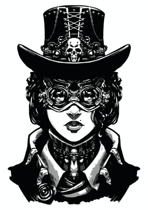 Black-and-white illustration of a nonbinary vampy steampunk person with top hat and goggles
