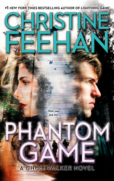 Phantom Game, A Ghostwalker novel by Christine Feehan, A woman's head facing left and a man's head facing right, transposed over a a forest with helicopters in the distance and three people with combat gear walking cautiously through trees.