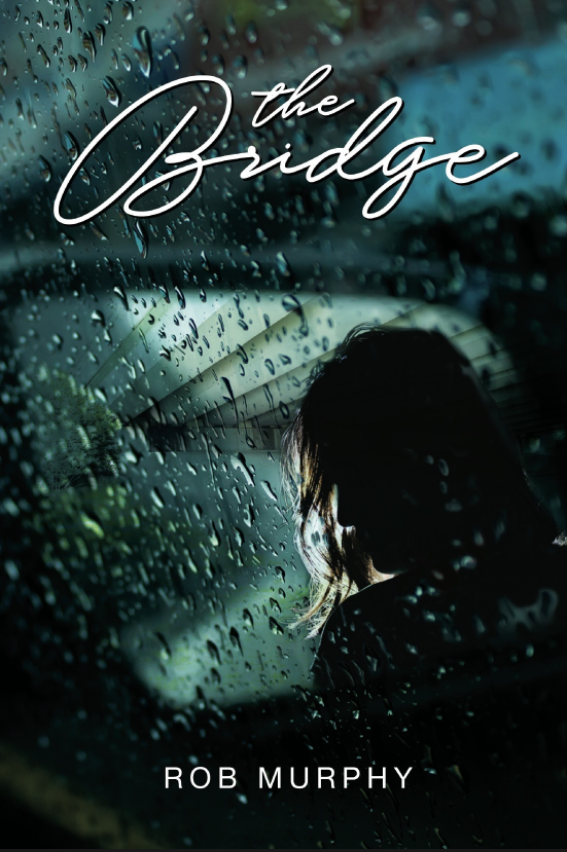 The Bridge by Rob Murphy. We look through a wet rearview window of a car at the silhouette of a person sitting in the front passenger seat.