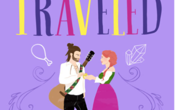 Well Traveled by Jen DeLuca cover. An illustrated man with a guitar on his back talks to a woman, both in period clothes found in a Ren Faire over a field of purple with white icons of tarot cards, a crystal ball, a turkey leg, crystals, musical notes, and a cell phone scattered around.