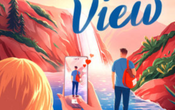 You with a View by Jessica Joyce. An illustration of a woman with blonde hair taking a picture of a man in a blue shirt with dark hair standing on a cliff looking towards a waterfall.