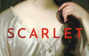 Scarlet by Genevieve Cogman cover features a portion of the French flag along the top. It covers an oil painting, blocking the eyes of woman in a silk dress with two blood-tinged marks on her neck.