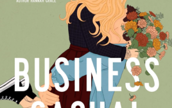 Business Casual by B.K. Borison cover. A woman is lifted in an embrace while holding a bouquet of flowers by a man in a blue shirt, both of their faces unseen by hair or flowers.